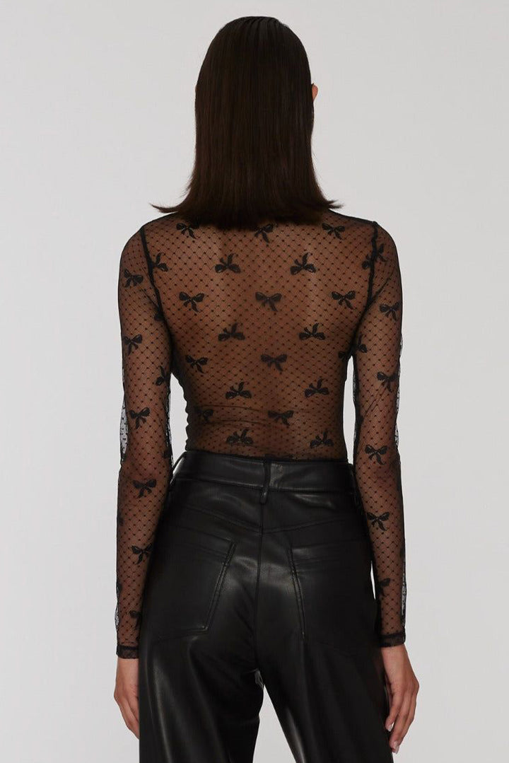 Black Bow Pattern Accent Mesh Long Sleeve Top - Awe Sweet Tees