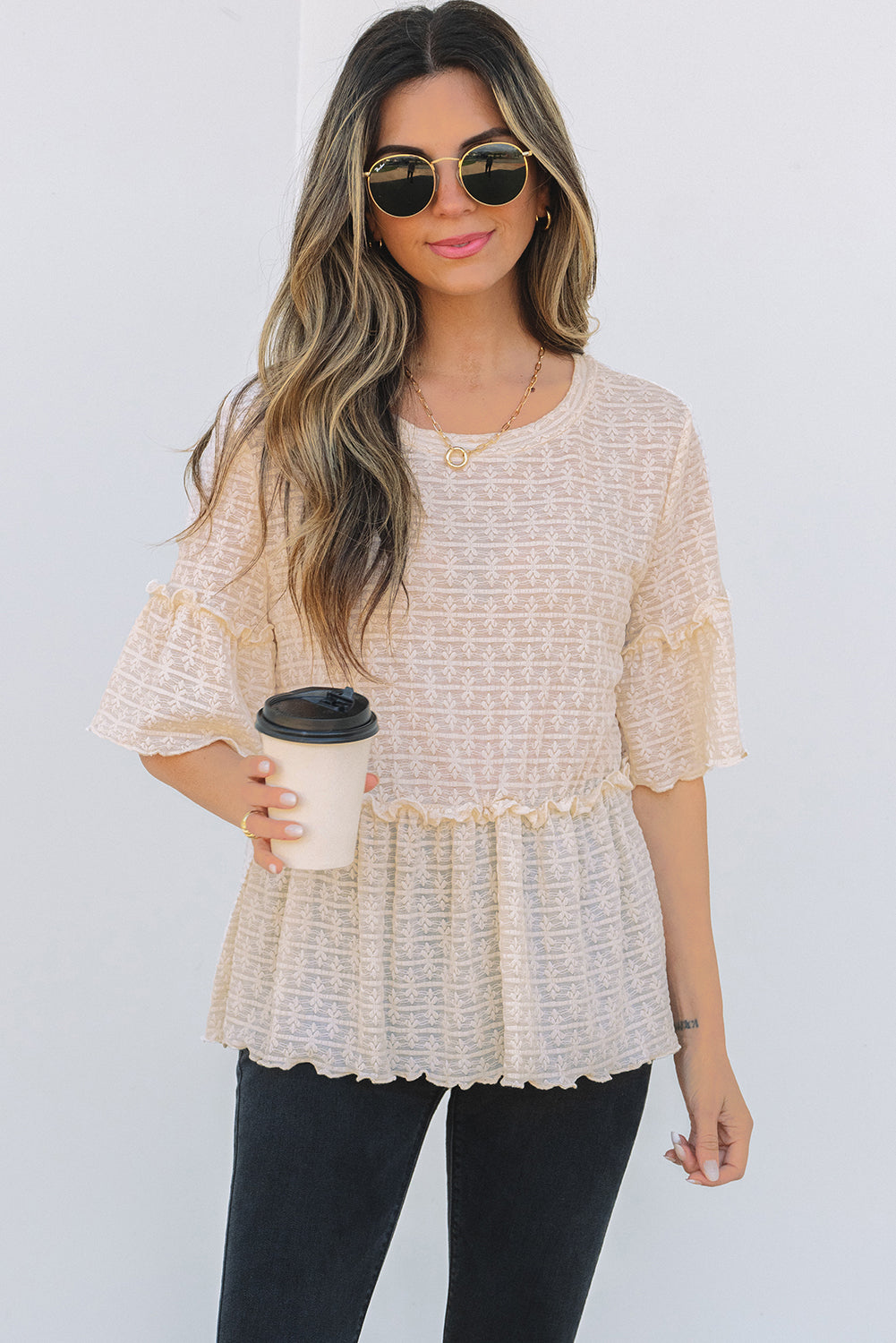 Beige Solid Color Textured Ruffled Short Sleeve Blouse - Awe Sweet Tees
