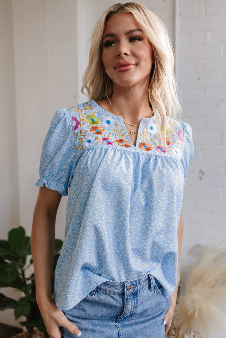Sky Blue Floral Embroidered Puff Sleeve Notched V Neck Blouse - Awe Sweet Tees