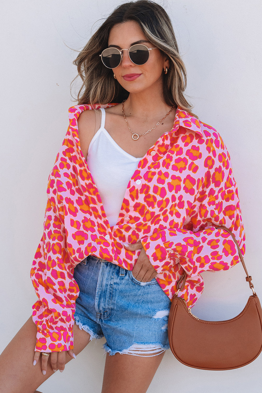 Rose Leopard Printed Button Up Loose Shirt - Awe Sweet Tees