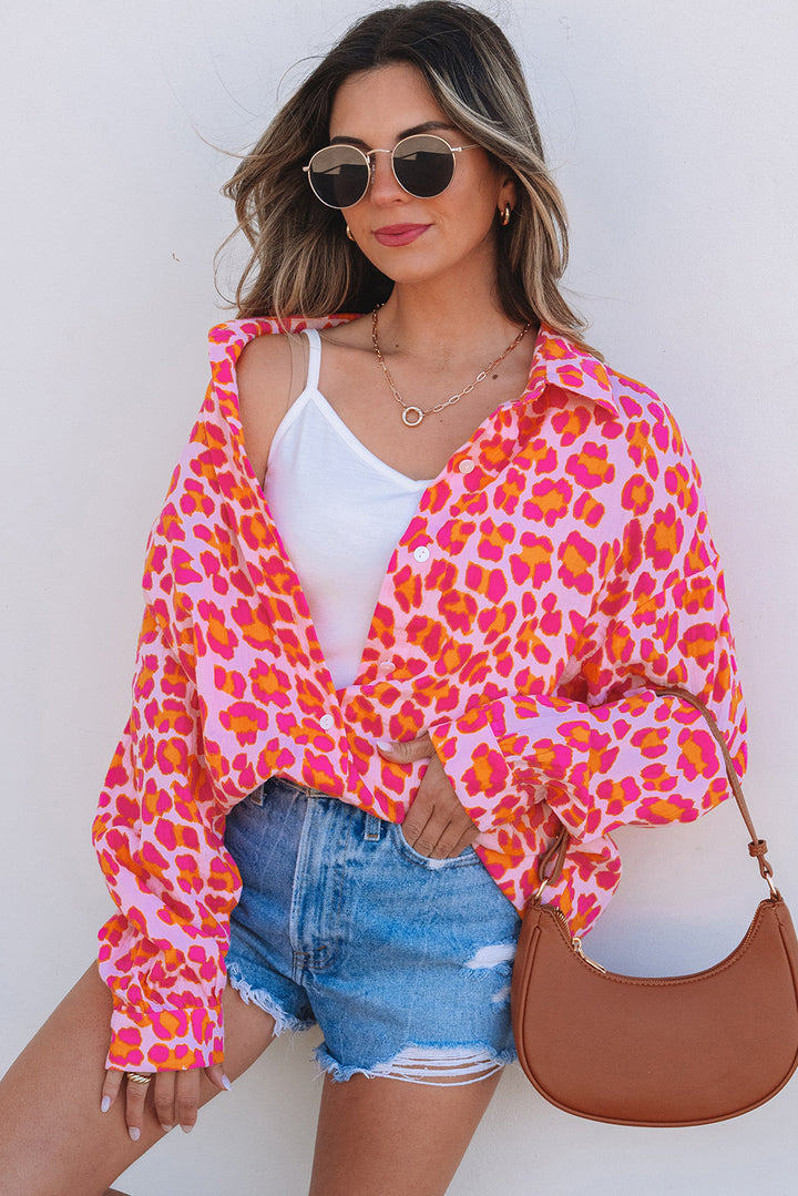 Rose Leopard Printed Button Up Loose Shirt - Awe Sweet Tees
