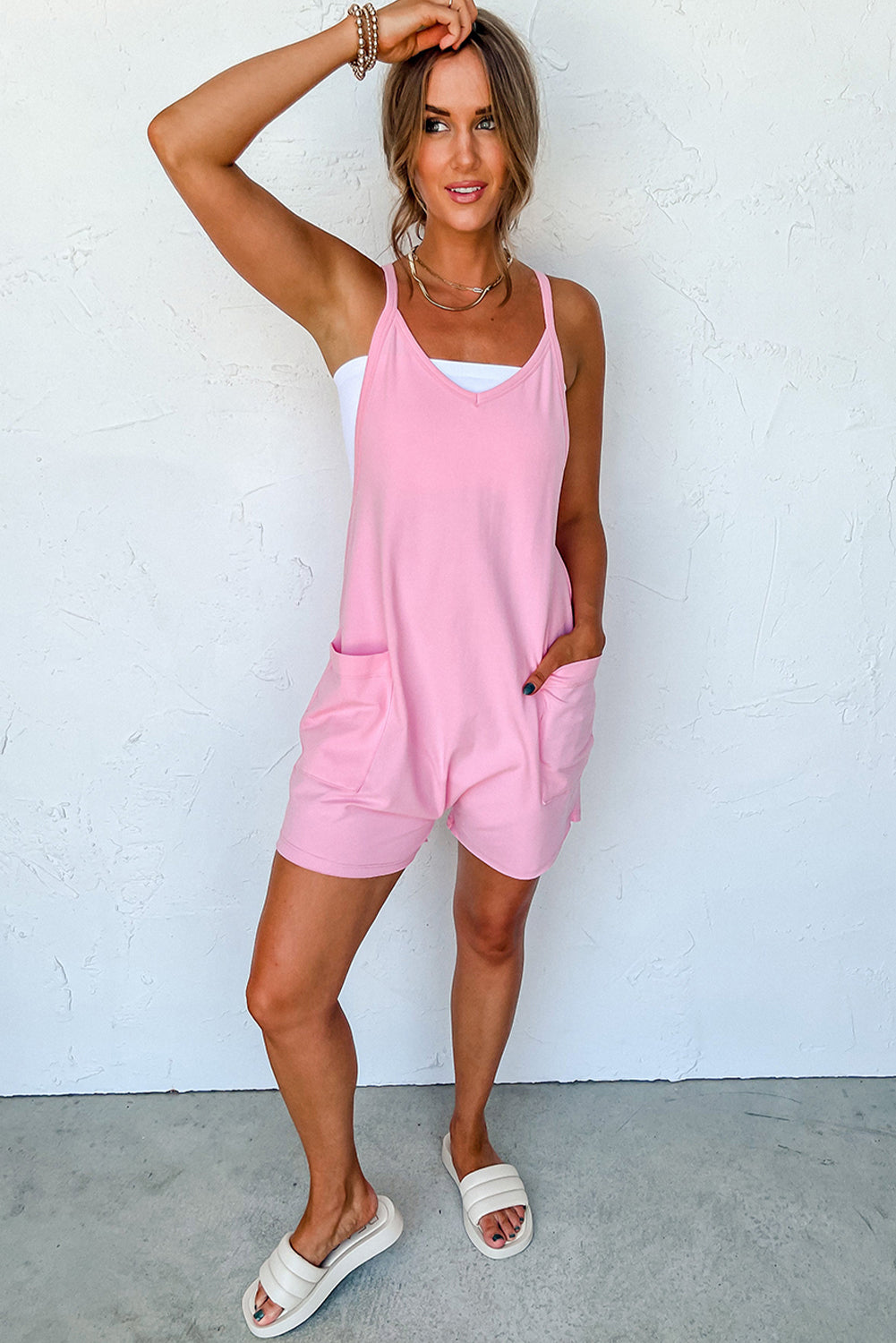 Pink Sleeveless Pocketed V Neck Jersey Romper - Awe Sweet Tees