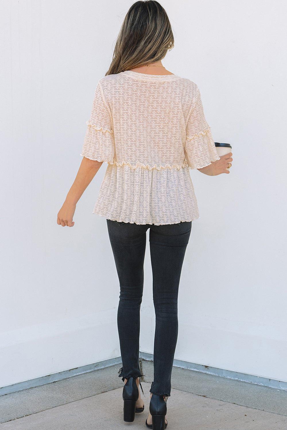 Beige Solid Color Textured Ruffled Short Sleeve Blouse - Awe Sweet Tees