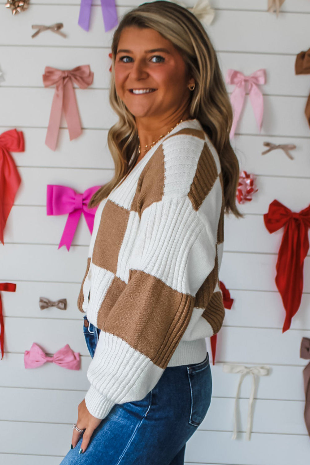 Khaki Checkered Pattern Button V Neck Ribbed Knit Cardigan