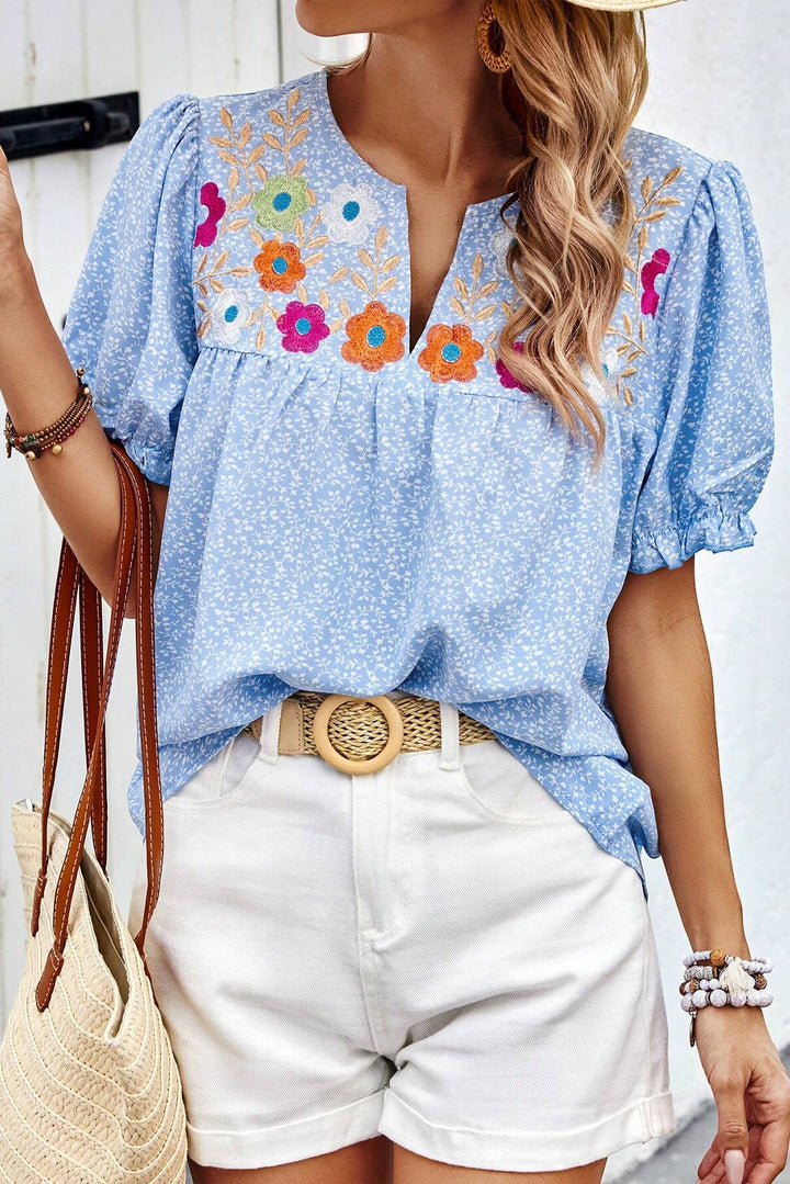 Sky Blue Floral Embroidered Puff Sleeve Notched V Neck Blouse - Awe Sweet Tees