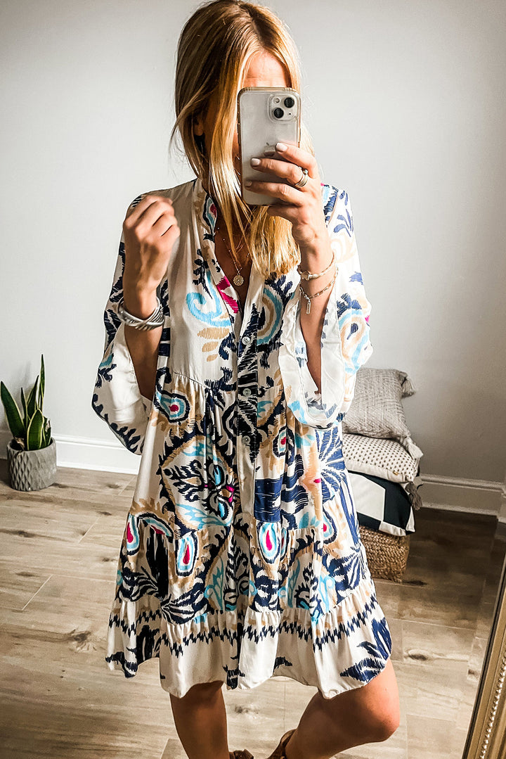 White Printed Tribal Bracelet Sleeve Buttoned Mini Dress - Awe Sweet Tees