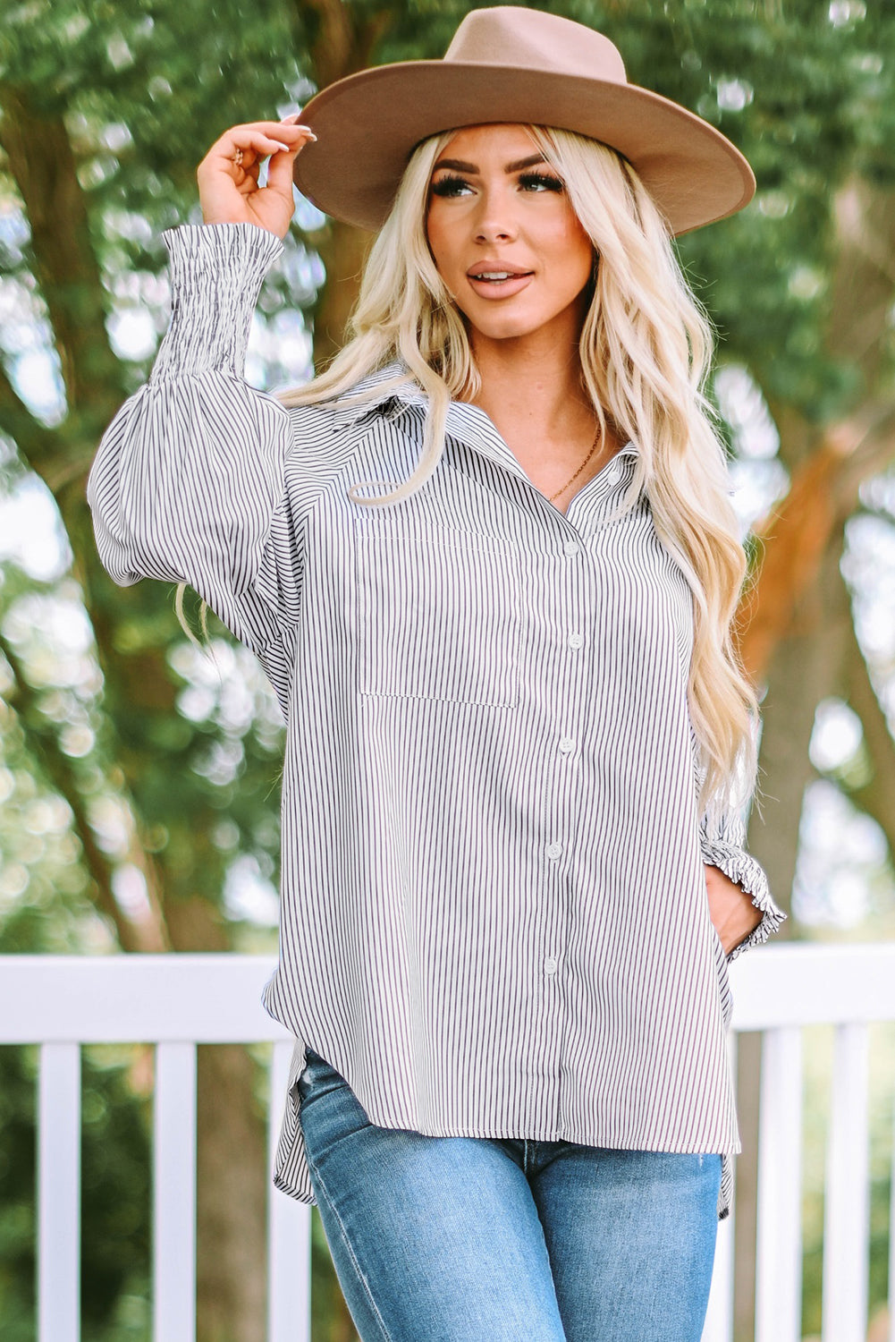 Smocked Cuffed Striped Boyfriend Shirt with Pocket - Awe Sweet Tees
