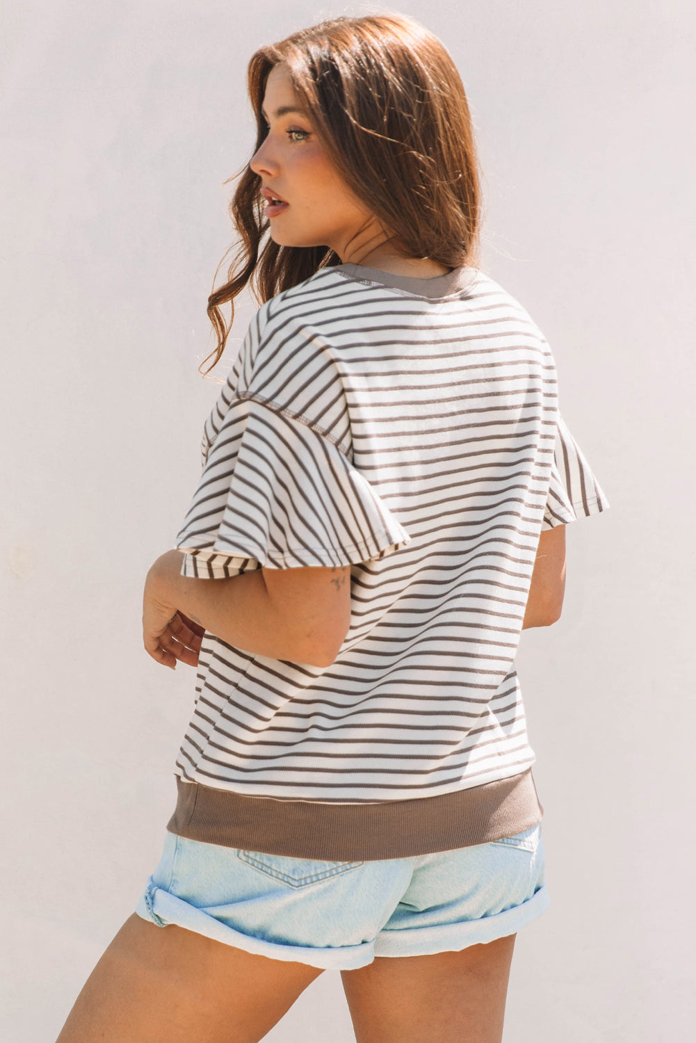 Parchment Contrast Detail Striped Ruffle Short Sleeve Top - Awe Sweet Tees