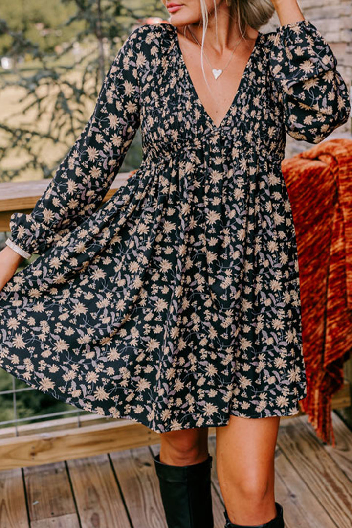 Black Floral Smocked V Neck Bubble Sleeve Babydoll Dress