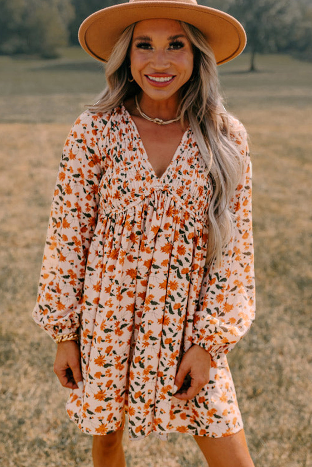 Black Floral Smocked V Neck Bubble Sleeve Babydoll Dress