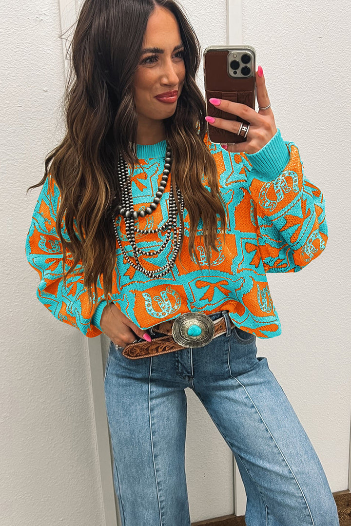 Light Blue Colorblock Bow Pattern Drop Sleeve Sweater