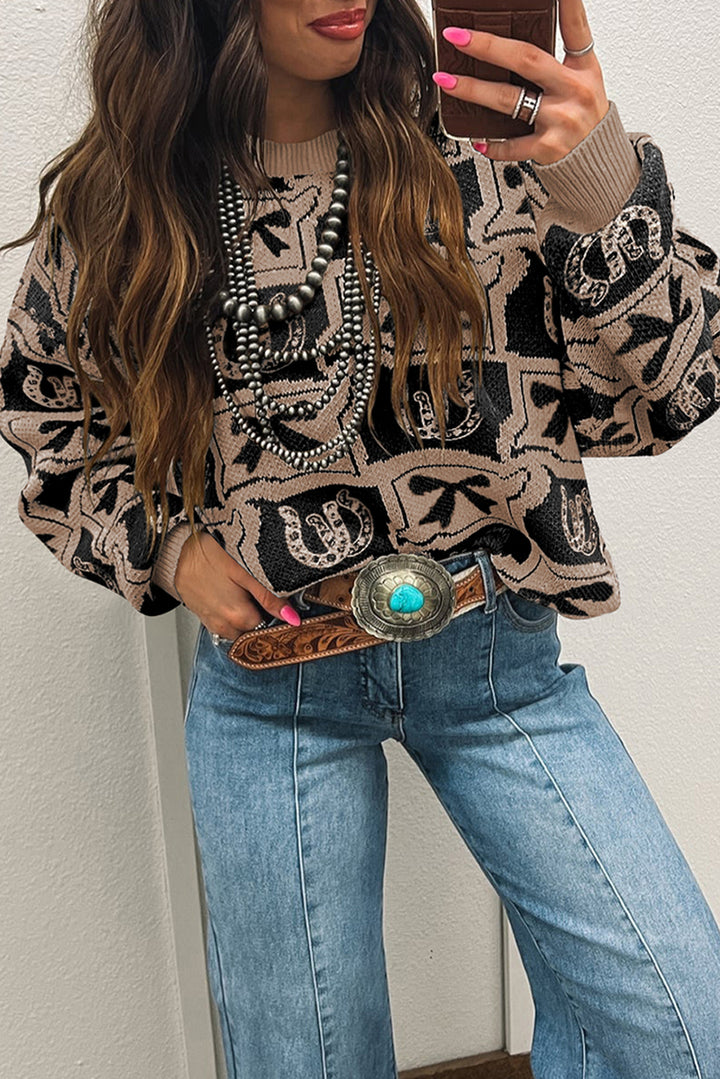 Light Blue Colorblock Bow Pattern Drop Sleeve Sweater