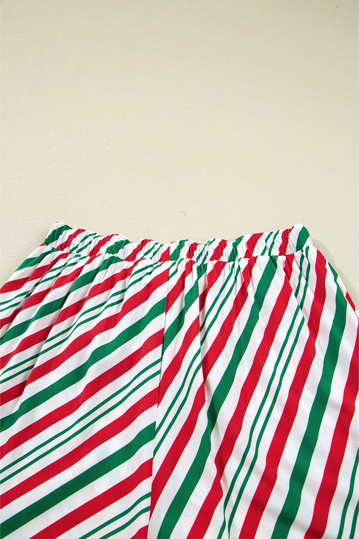 Green Striped Piping Trim Velvet Ribbon Knot Christmas Pajama Set