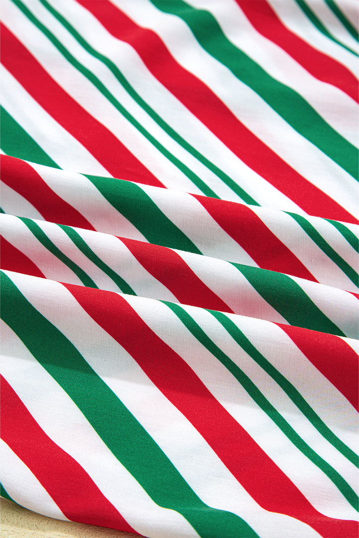 Green Striped Piping Trim Velvet Ribbon Knot Christmas Pajama Set