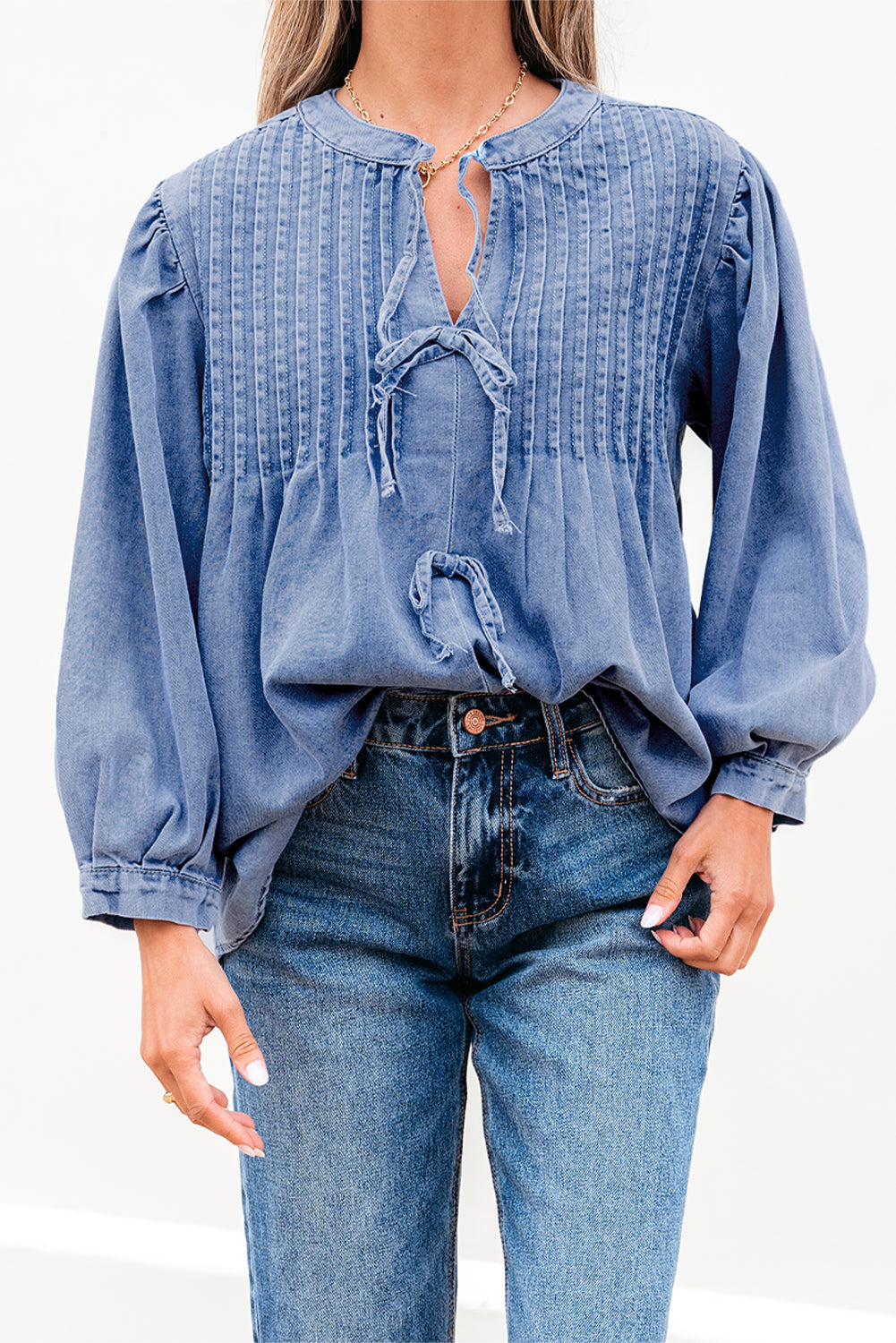 Myosotis Denim Front Pintuck Bow Tie Puff Sleeve Top - Awe Sweet Tees