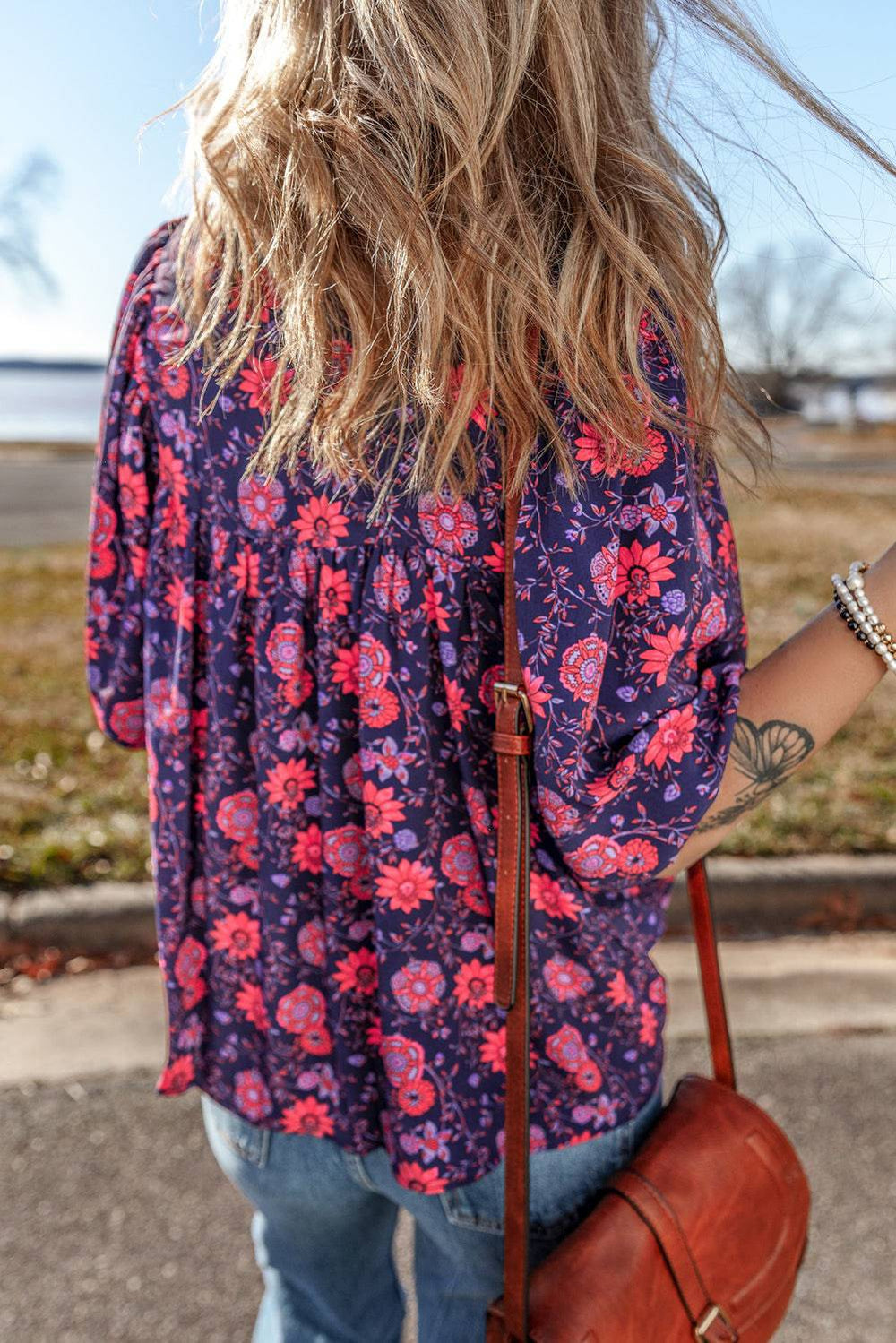 Purple Floral Half Sleeve Split Neck Blouse Top - Awe Sweet Tees