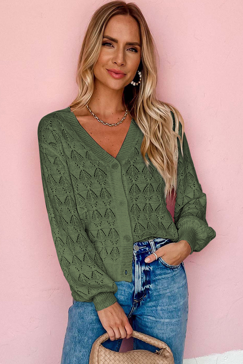 Blue Lightweight Buttoned Front Crochet Cardigan