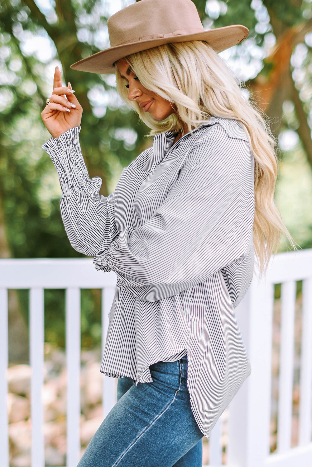 Smocked Cuffed Striped Boyfriend Shirt with Pocket - Awe Sweet Tees