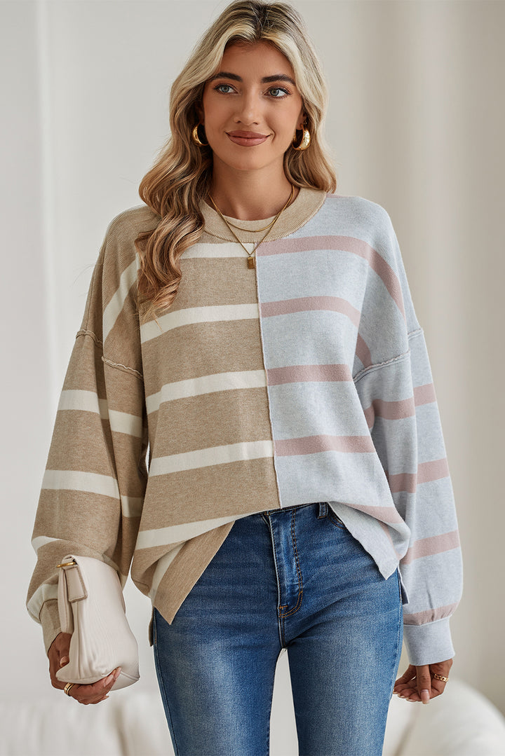 Pink Striped Patchwork Drop Shoulder Sweater