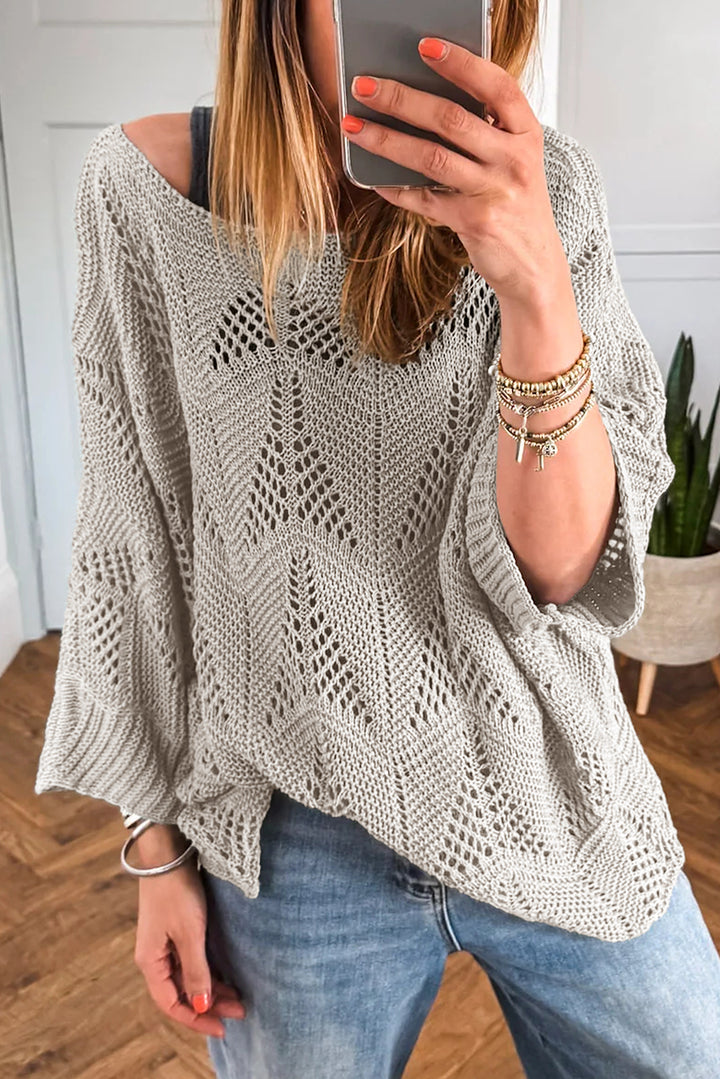 Seagrass Hollow Out Knit 3/4 Sleeve Loose Sweater