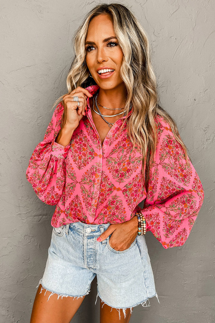 Black Floral Print Collared Button Up Puff Sleeve Shirt