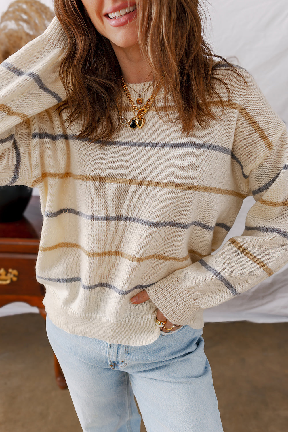 Multicolour Striped Ribbed Edge Drop Shoulder Sweater