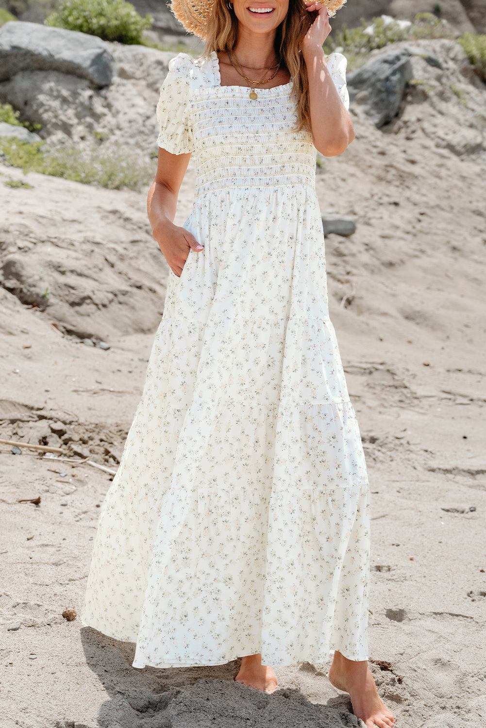 White Frilly Shirred Bodice Tiered Floral Maxi Dress - Awe Sweet Tees
