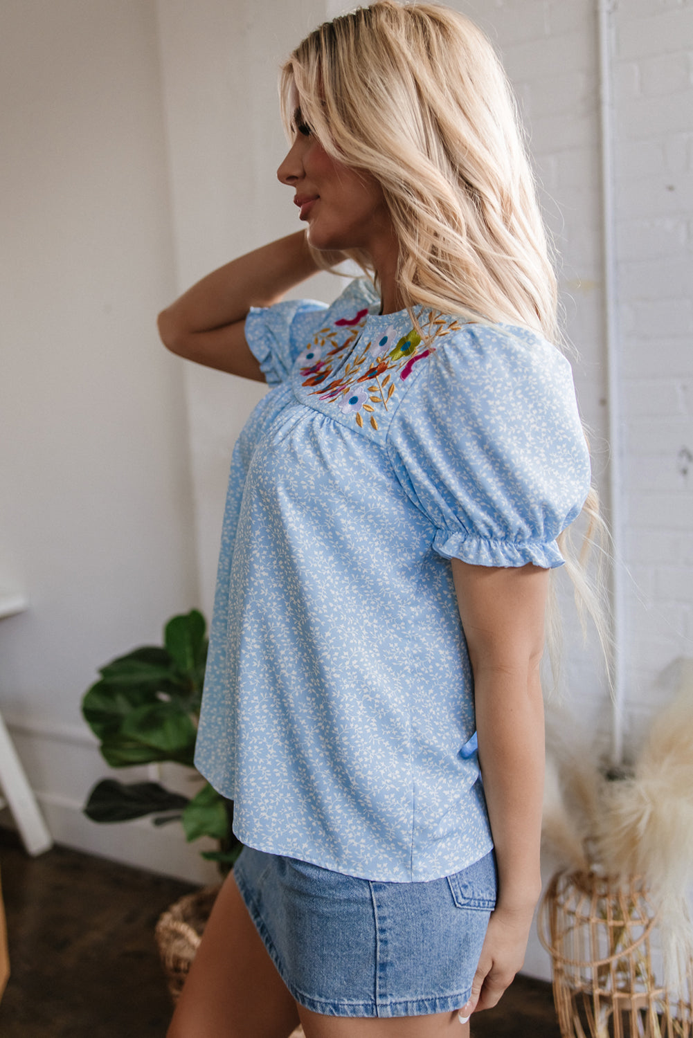 Sky Blue Floral Embroidered Puff Sleeve Notched V Neck Blouse - Awe Sweet Tees