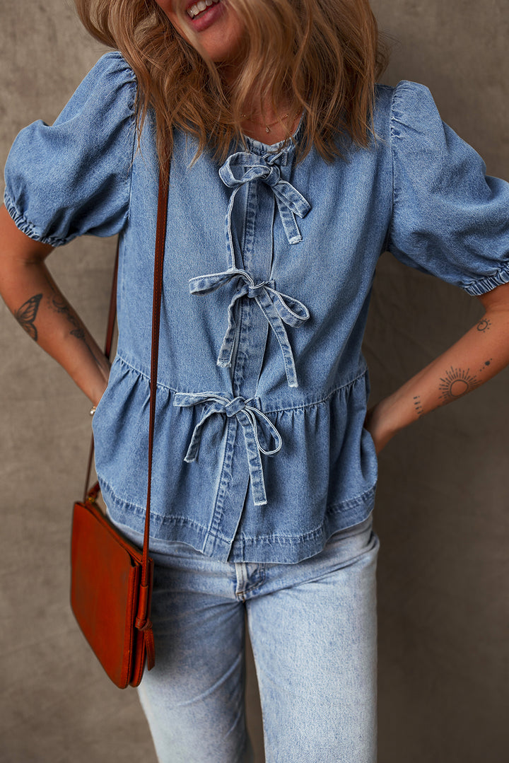Dusk Blue Tied Front Bubble Sleeve Peplum Denim Shirt - Awe Sweet Tees