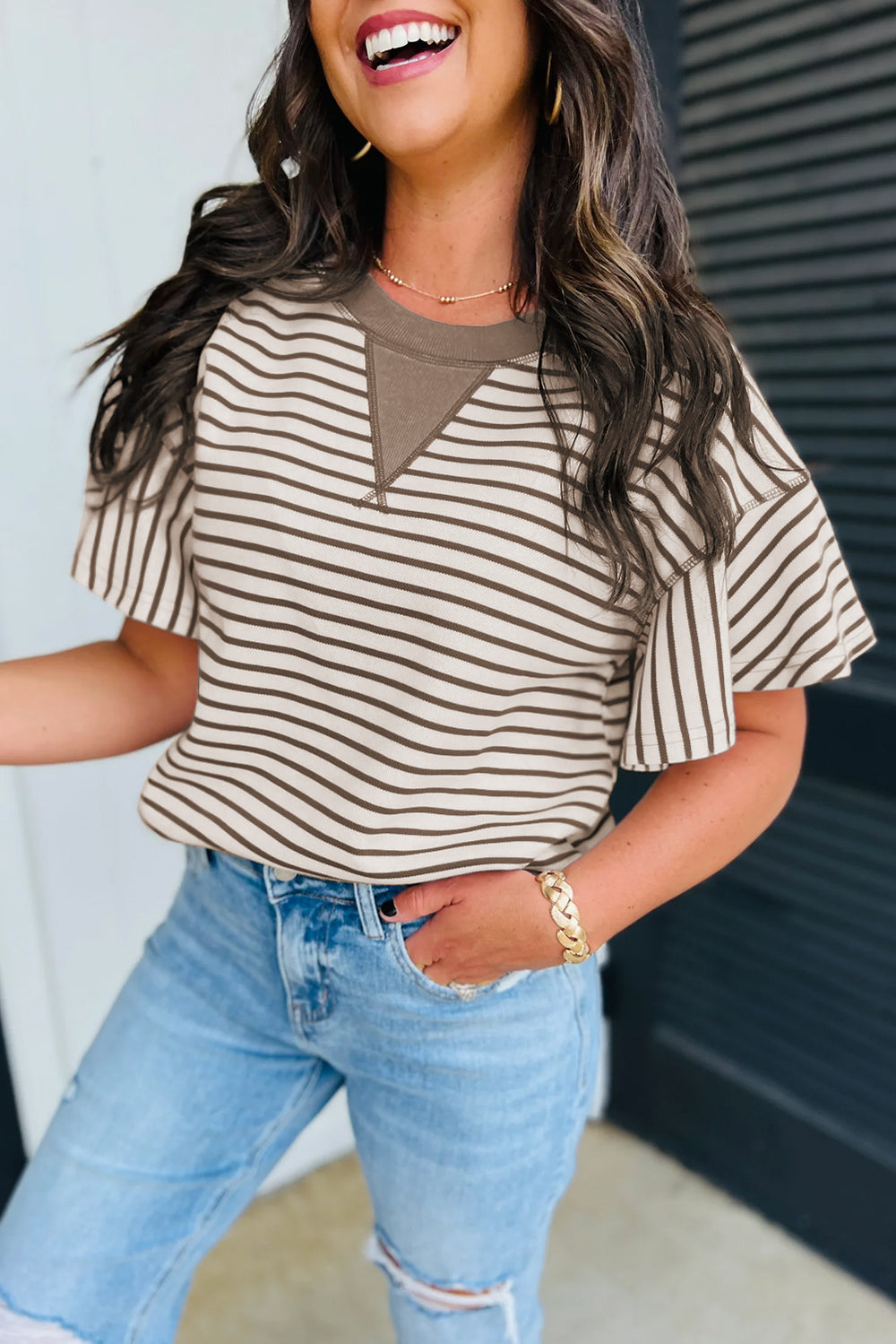 Parchment Contrast Detail Striped Ruffle Short Sleeve Top - Awe Sweet Tees