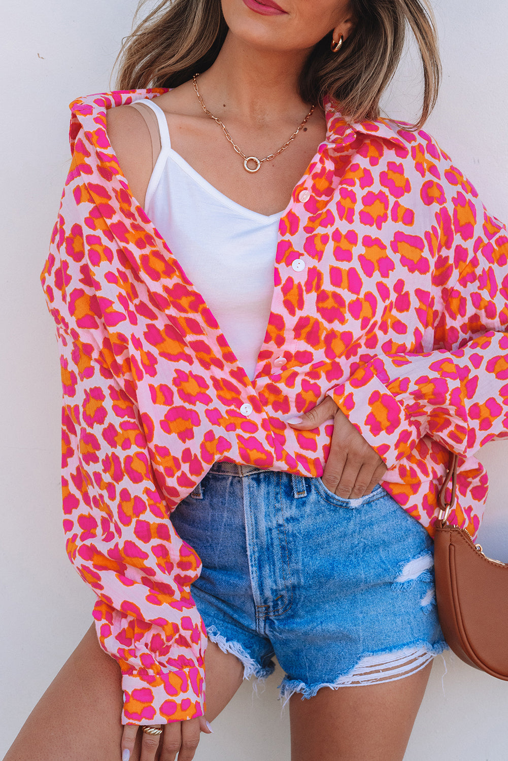 Rose Leopard Printed Button Up Loose Shirt - Awe Sweet Tees