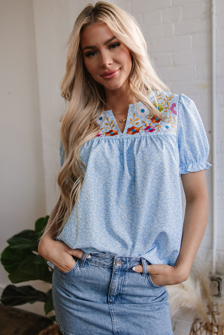 Sky Blue Floral Embroidered Puff Sleeve Notched V Neck Blouse - Awe Sweet Tees