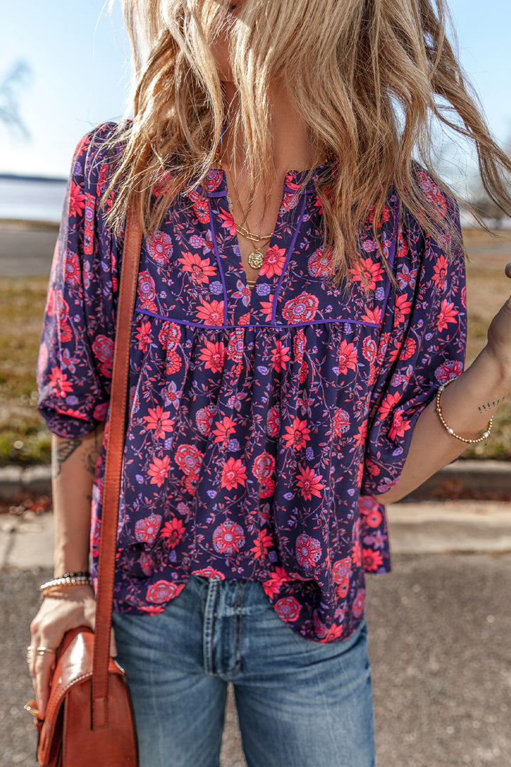 Purple Floral Half Sleeve Split Neck Blouse Top - Awe Sweet Tees