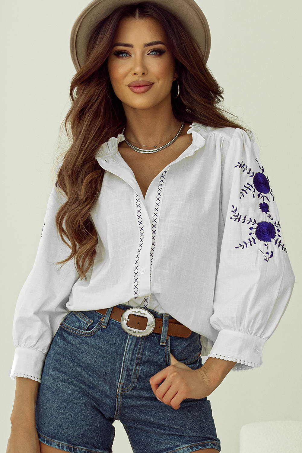 White Floral Embroidered Bracelet Sleeve Shirt - Awe Sweet Tees