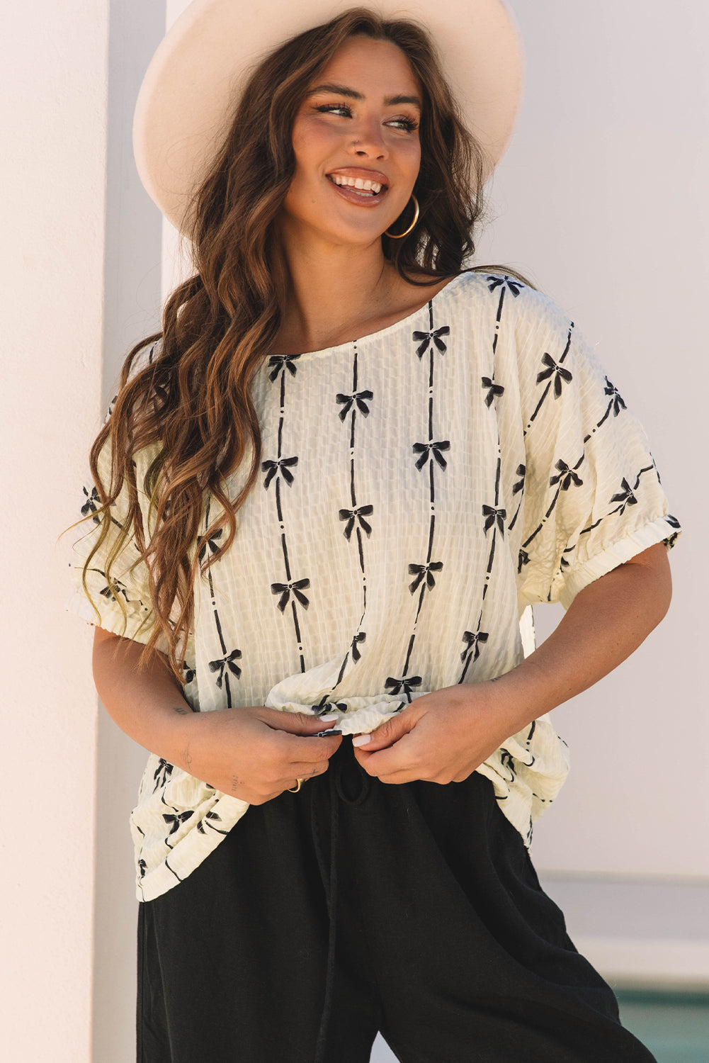 Beige Bow Print Puff Short Sleeve Top - Awe Sweet Tees