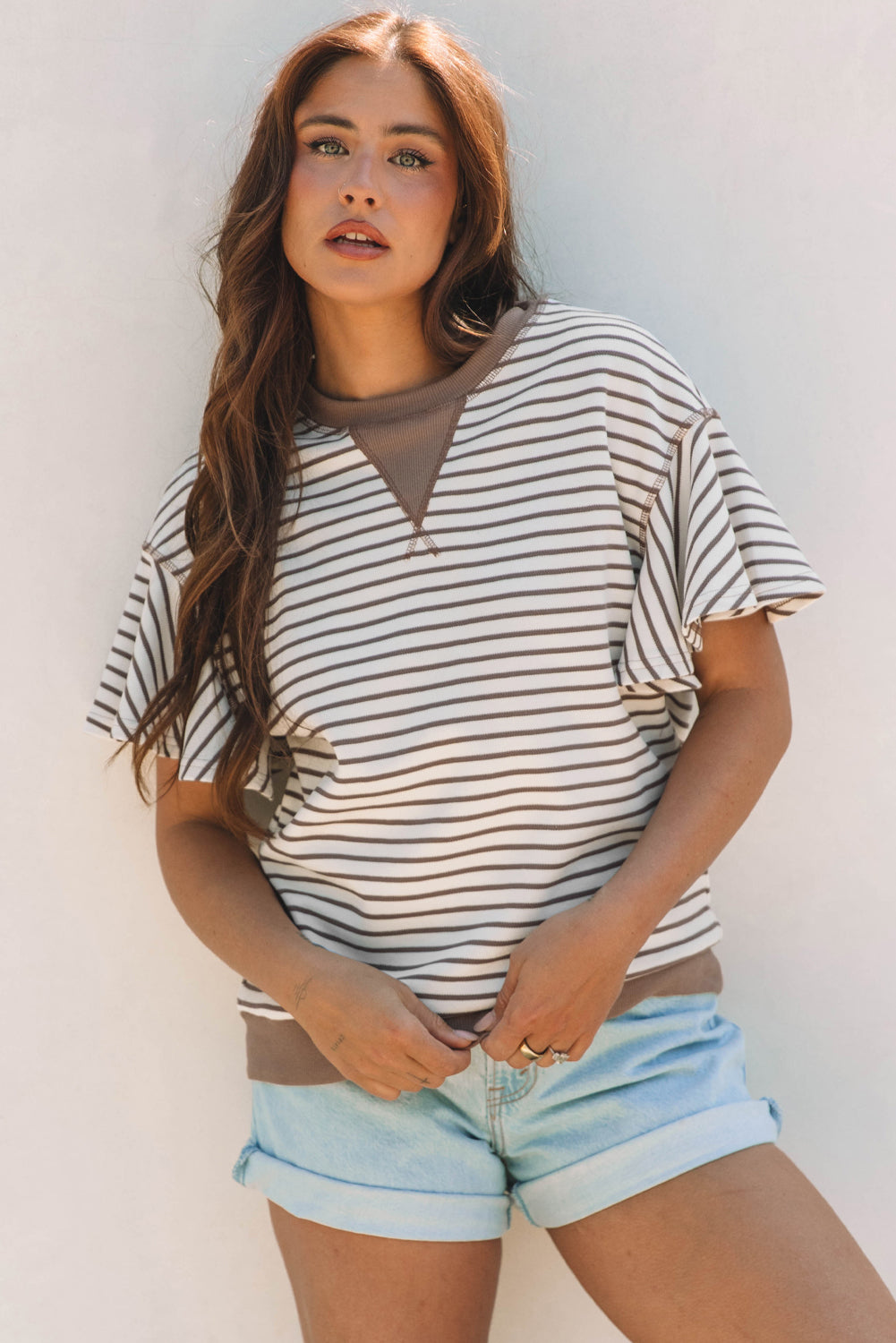 Parchment Contrast Detail Striped Ruffle Short Sleeve Top - Awe Sweet Tees