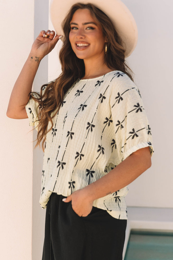 Beige Bow Print Puff Short Sleeve Top - Awe Sweet Tees