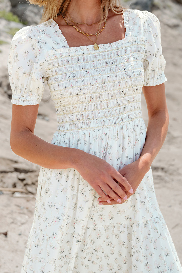 White Frilly Shirred Bodice Tiered Floral Maxi Dress - Awe Sweet Tees