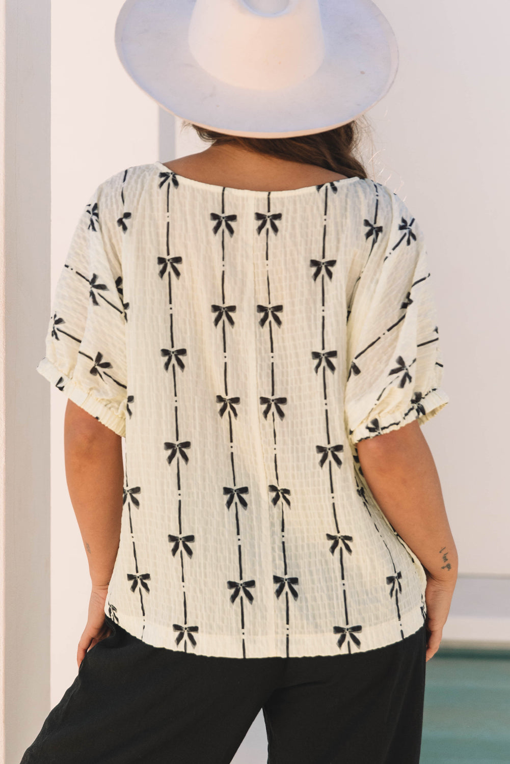 Beige Bow Print Puff Short Sleeve Top - Awe Sweet Tees