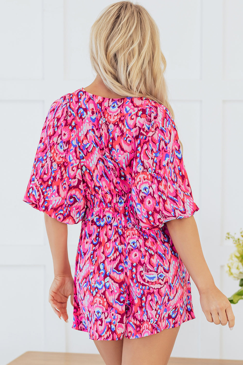 Pink Abstract Print Puff Sleeve V Neck High Waist Romper - Awe Sweet Tees