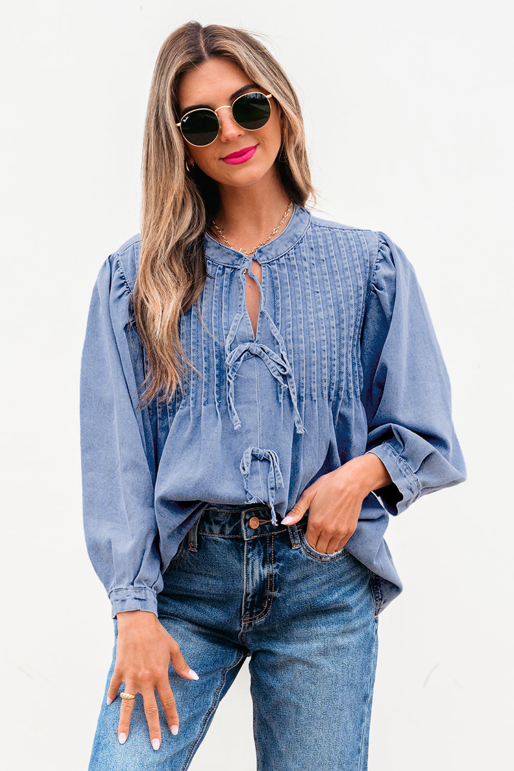Myosotis Denim Front Pintuck Bow Tie Puff Sleeve Top - Awe Sweet Tees