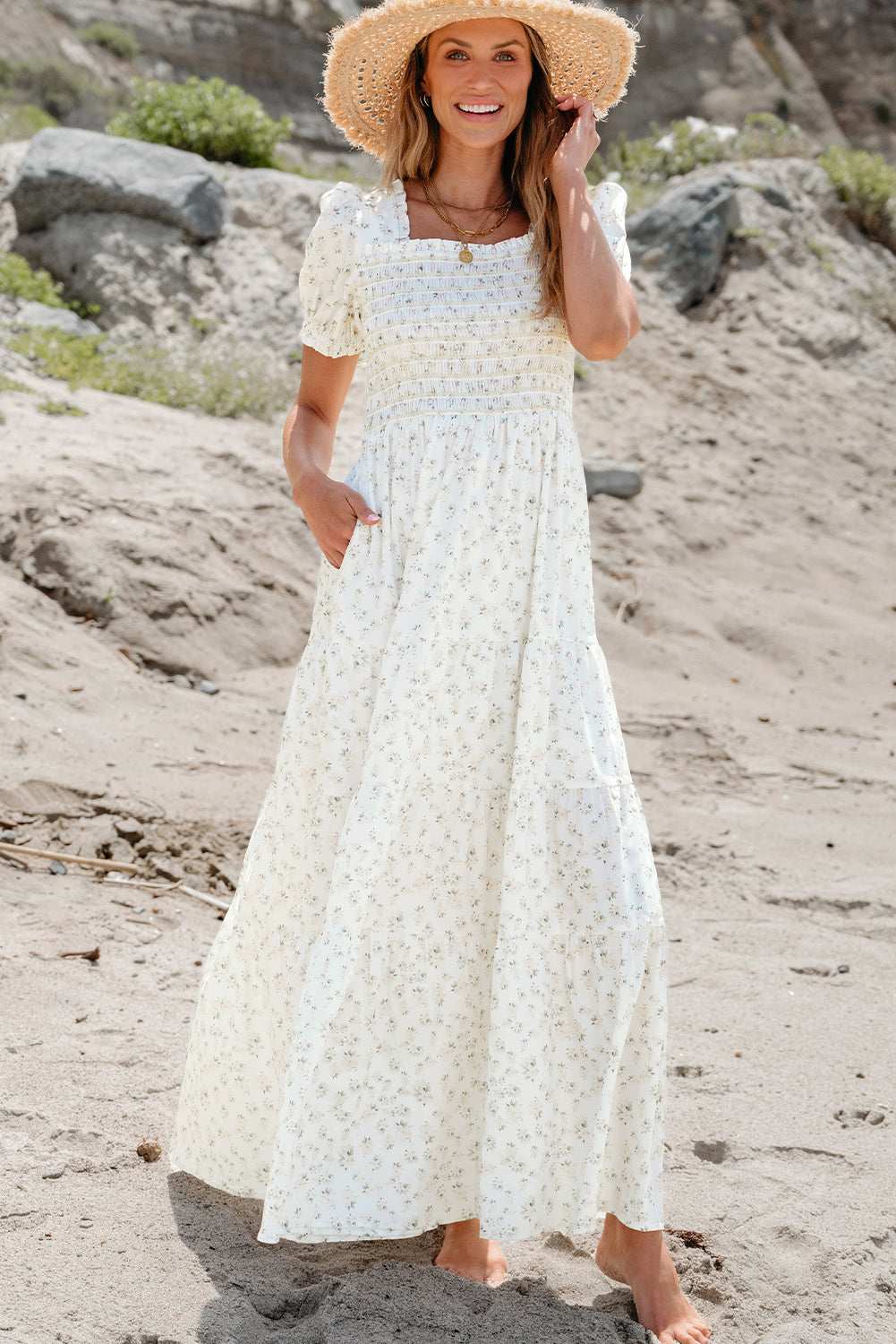 White Frilly Shirred Bodice Tiered Floral Maxi Dress - Awe Sweet Tees