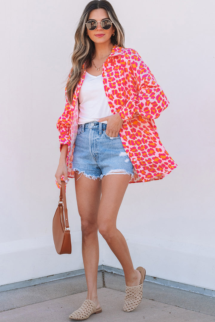 Rose Leopard Printed Button Up Loose Shirt - Awe Sweet Tees