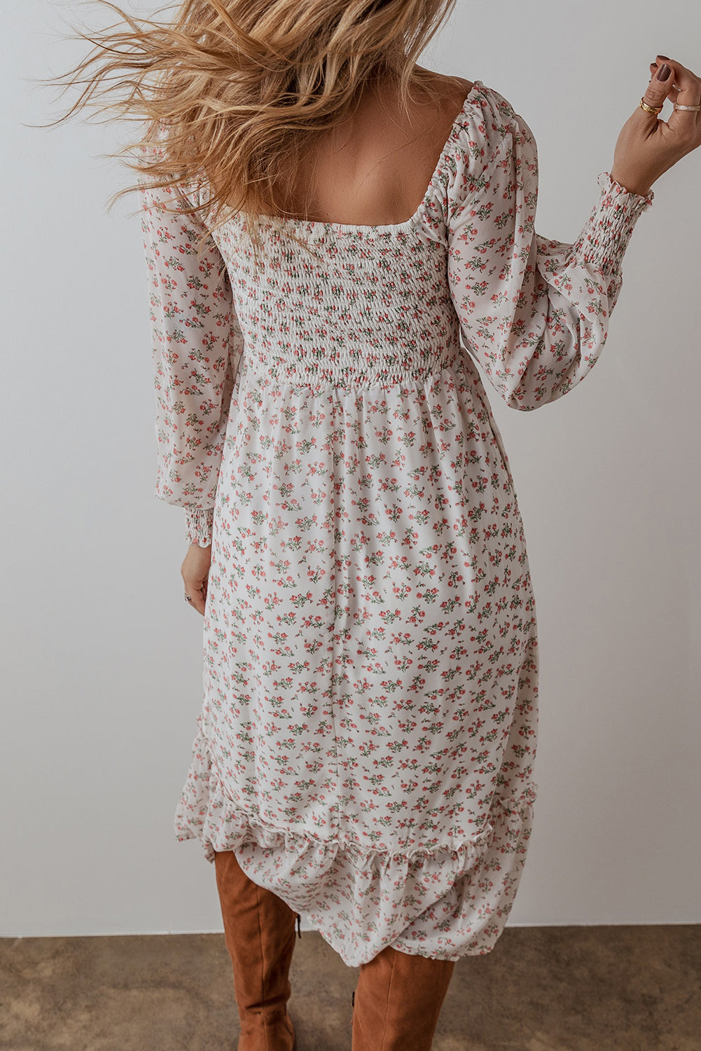 White Floral Print Shirred Ruffled Hem Square Neck Midi Dress - Awe Sweet Tees