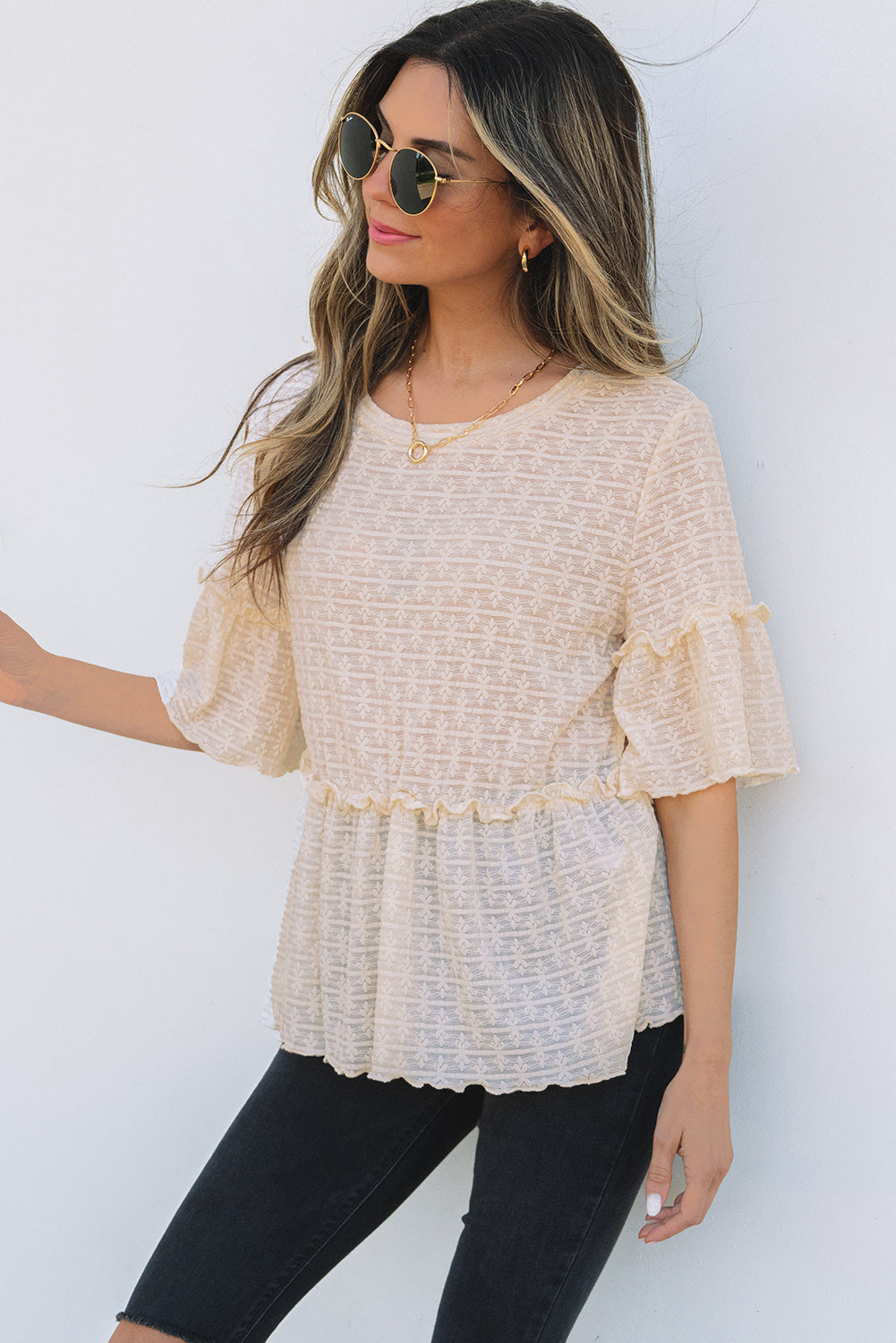 Beige Solid Color Textured Ruffled Short Sleeve Blouse - Awe Sweet Tees