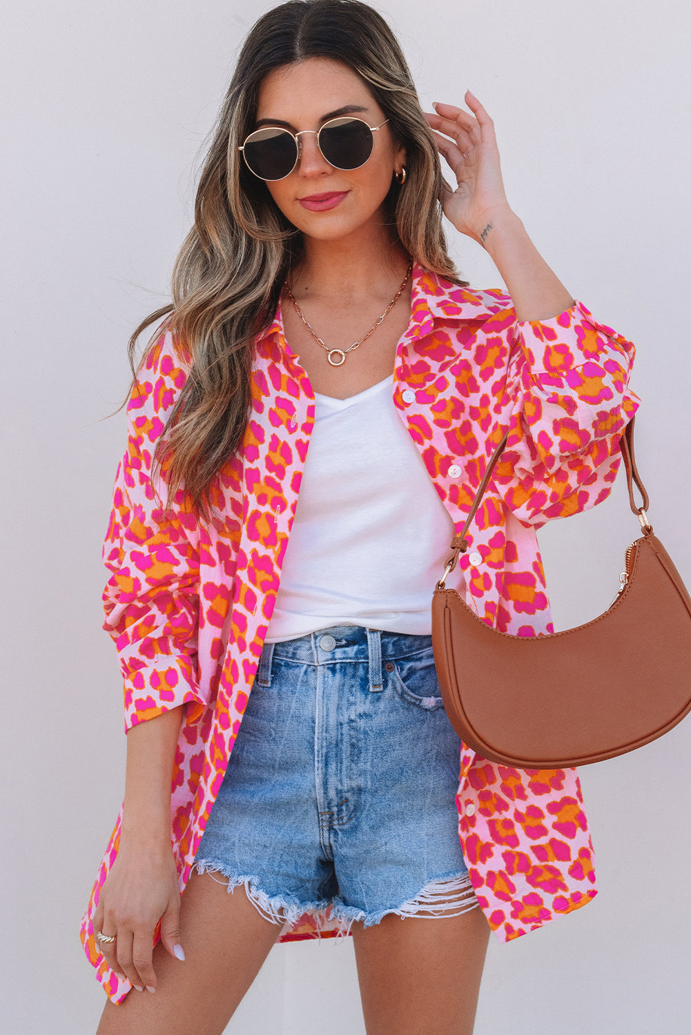 Rose Leopard Printed Button Up Loose Shirt - Awe Sweet Tees