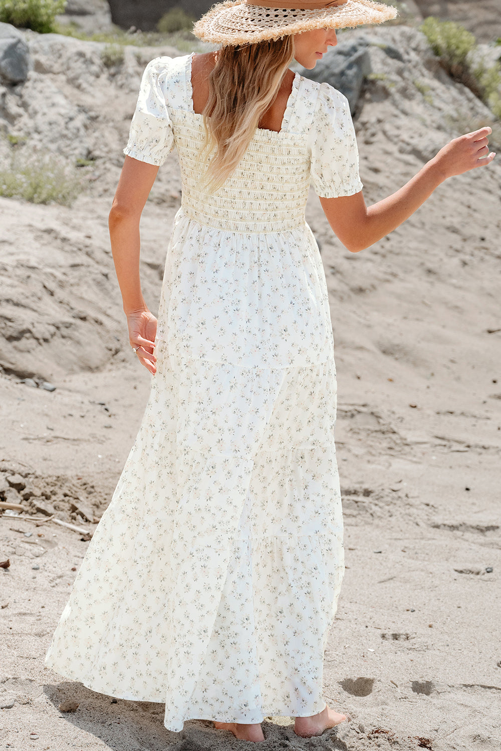 White Frilly Shirred Bodice Tiered Floral Maxi Dress - Awe Sweet Tees