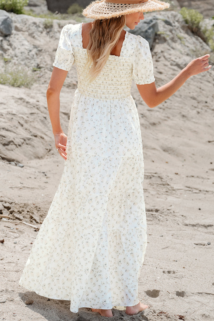 White Frilly Shirred Bodice Tiered Floral Maxi Dress - Awe Sweet Tees