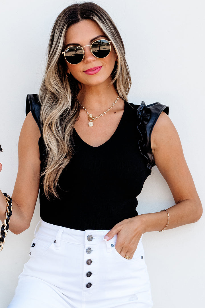 Black Leatherette Ruffle Patchwork Ribbed V Neck Bodysuit - Awe Sweet Tees