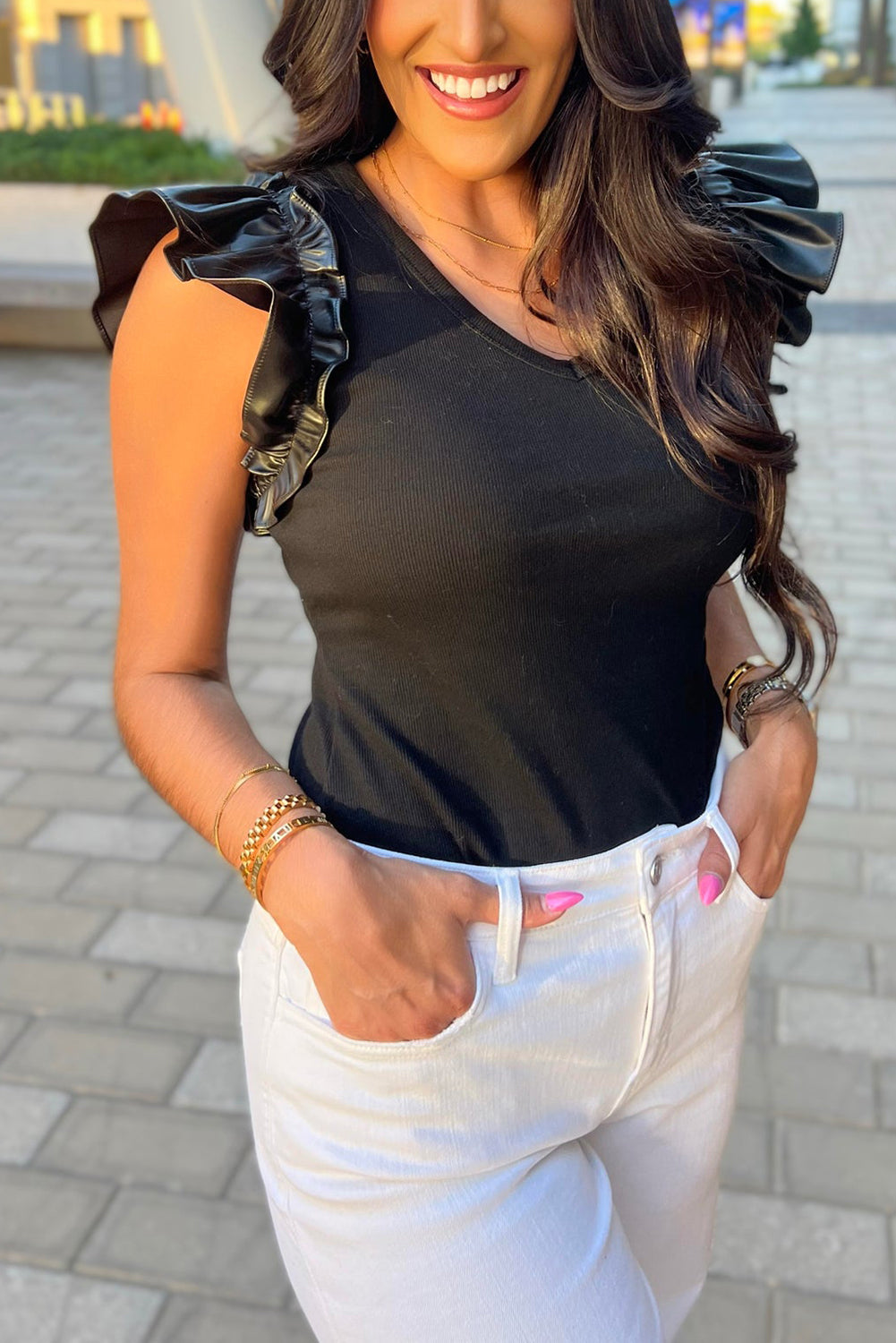 Black Leatherette Ruffle Patchwork Ribbed V Neck Bodysuit - Awe Sweet Tees
